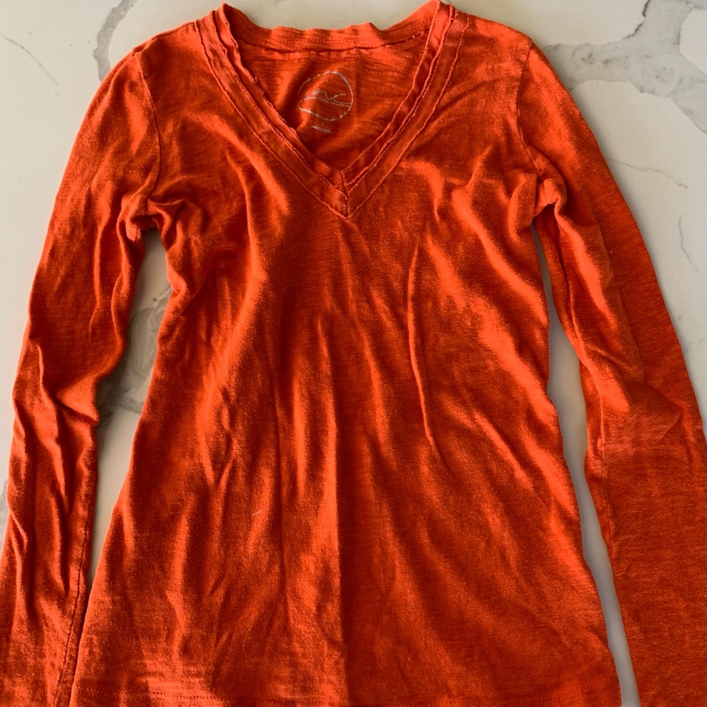 Bright Orange Long-Sleeve V-Neck 100% Cotton T-Shirt Small